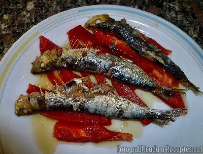 Arengades o sardines de costa sobre  llit de pebrot vermell