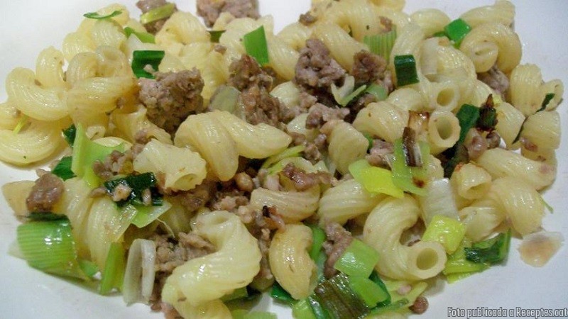 Pasta ràpida amb carn picada i porro