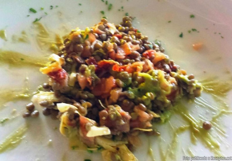 Timbal de llenties amb salmó, carxofes, guacamole i tomàquet sec italià