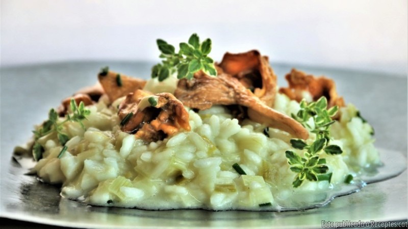 Risotto de bacallà, porros i rossinyols
