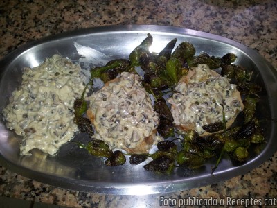 Recepta de cuina de Filet de vedella amb salsa al pebre verd i xampinyons, amb acompanyament de pebrots de padrón