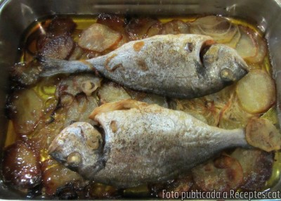 Recepta de cuina de Orada fresca al forn amb base de ceba i patates a rodanxes