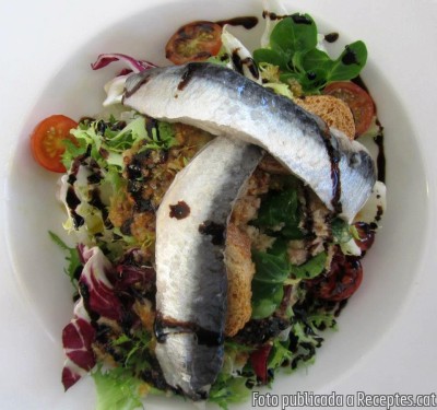 Amanida de tomàquet, sardines marinades i tonyina amb vinagreta de mostassa