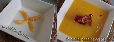 Recepta de cuina de Crema de carabassa amb llit de mandarina i pernil de gla