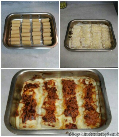 Recepta de cuina de Rigatoni farcits amb carn, gratinats amb beixamel