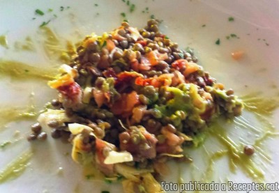 Recepta de cuina de Timbal de llenties amb salmó, carxofes, guacamole i tomàquet sec italià