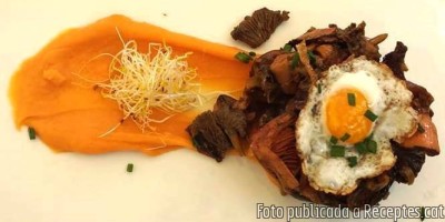Recepta de cuina de Timbal de rovellons, camagrocs i rossinyols amb parmentier de moniato i ou de guatlla